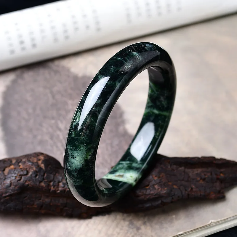 Natural Tibetan jade herbal king stone bracelet does not fade, jade bracelet bracelet, flat strip dark green, high ice