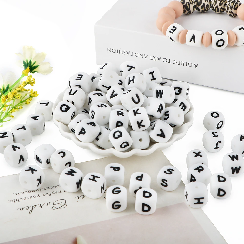 

Sunony 10pcs/Lot 10/12mm Square White English Letters Silicone Beads For Jewelry DIY Bracelet Keychain Etc Handmade Accessories