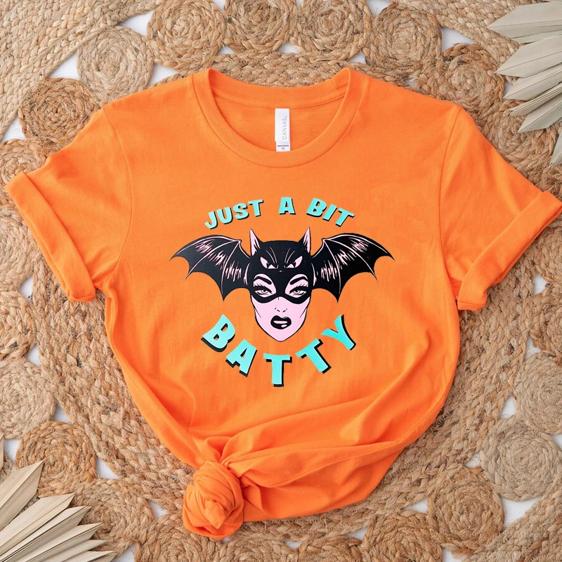 90s Grunge Gothic Clothes Just A Bit Batty Funny Halloween T Shirt for Women Cotton Spooky Withc Horror Dark T-shirt Femme Tops