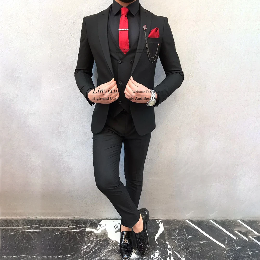 

Handsome Black Wedding Suits For Men Slim Fit Formal Business Blazer 3 Piece Set Groom Tuxedo Terno Masculino Jacket Vest Pants