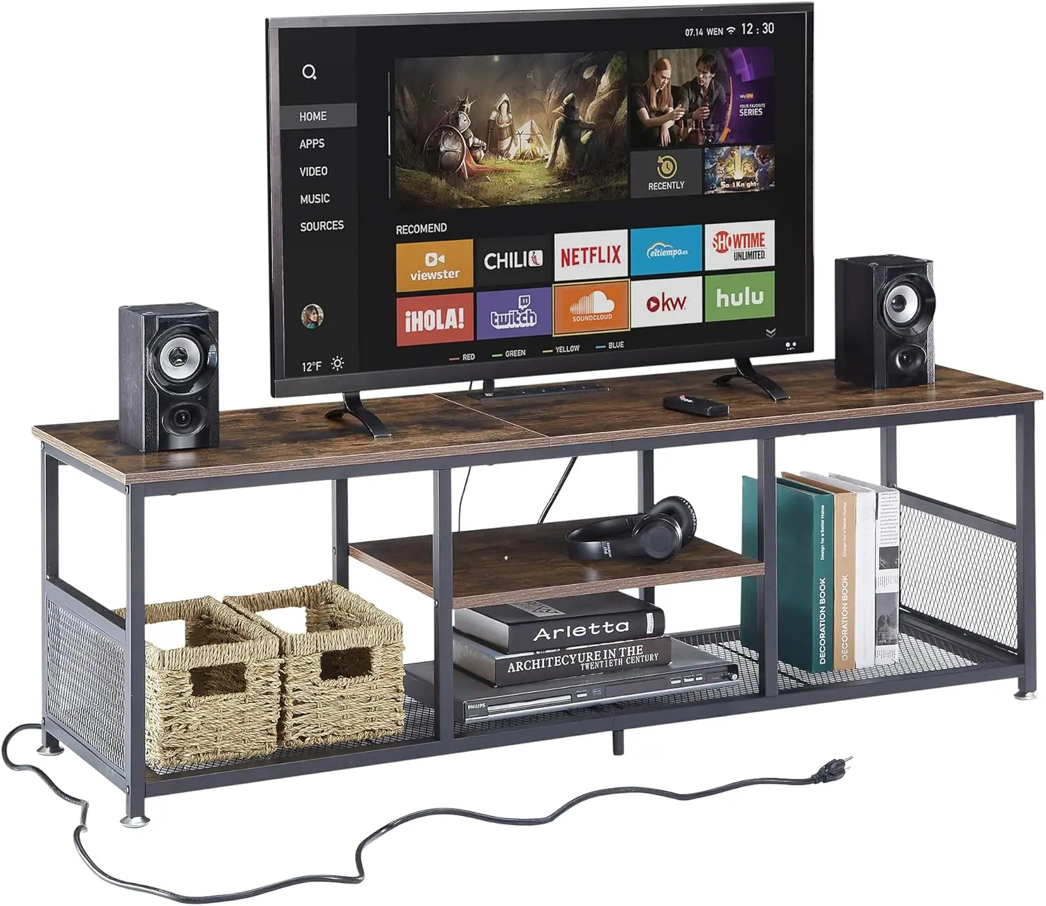 

55" TV Stand with Power Outlets & Charging Station, Media Console for TVs up to 65", 3-Tier Shelves, Brown Metal Frame