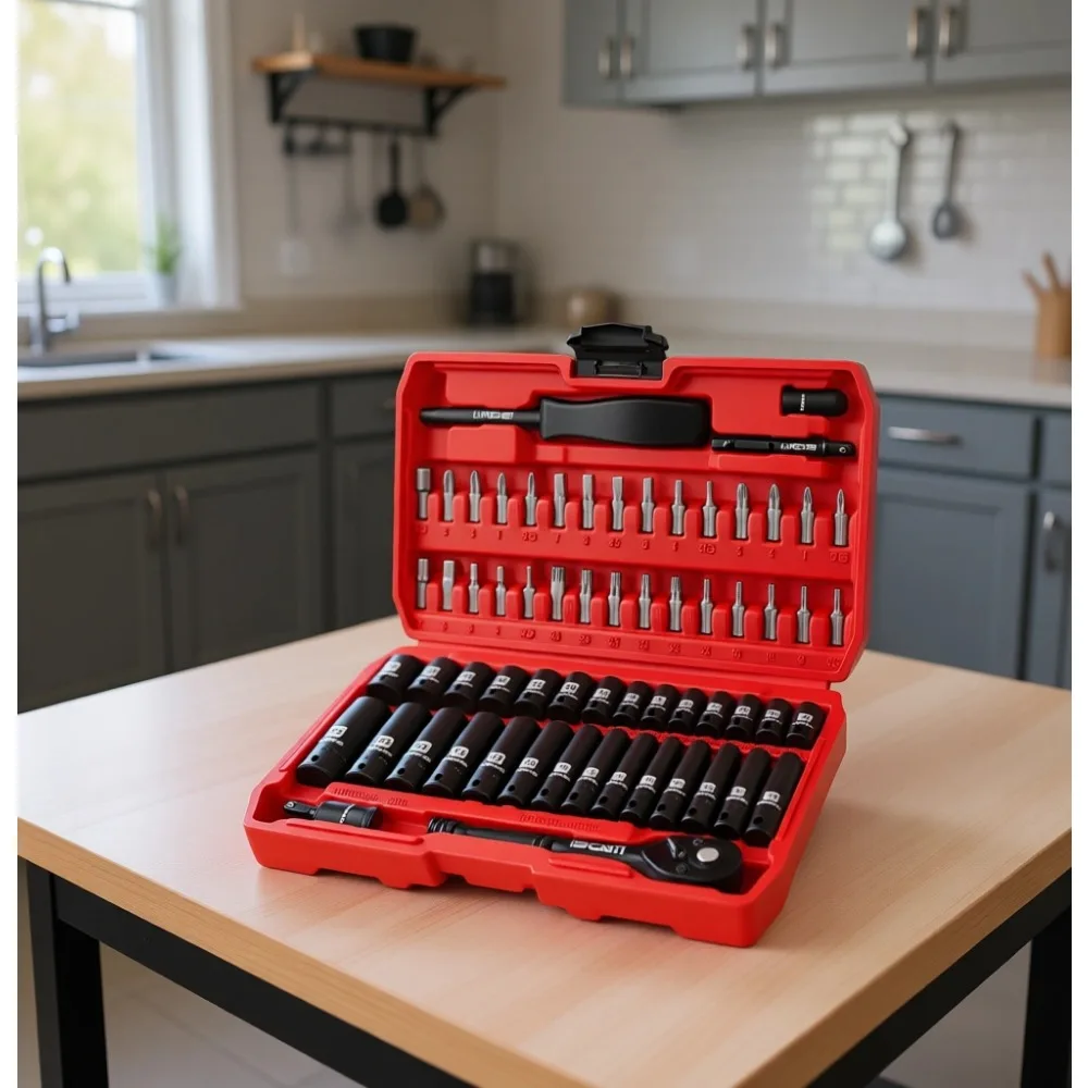 

1 4 Drive Socket Set Metric 4 15mm Deep Shallow 6 Point 63PCS with 72T Ratchet for Home Auto Repair
