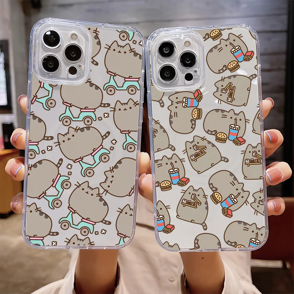 Cartoon Cat Lovely For IPhone 16 15 14 13 12 11 Pro Max Plus Transparent Magnetic Suction P-Pusheens-S Phone Case