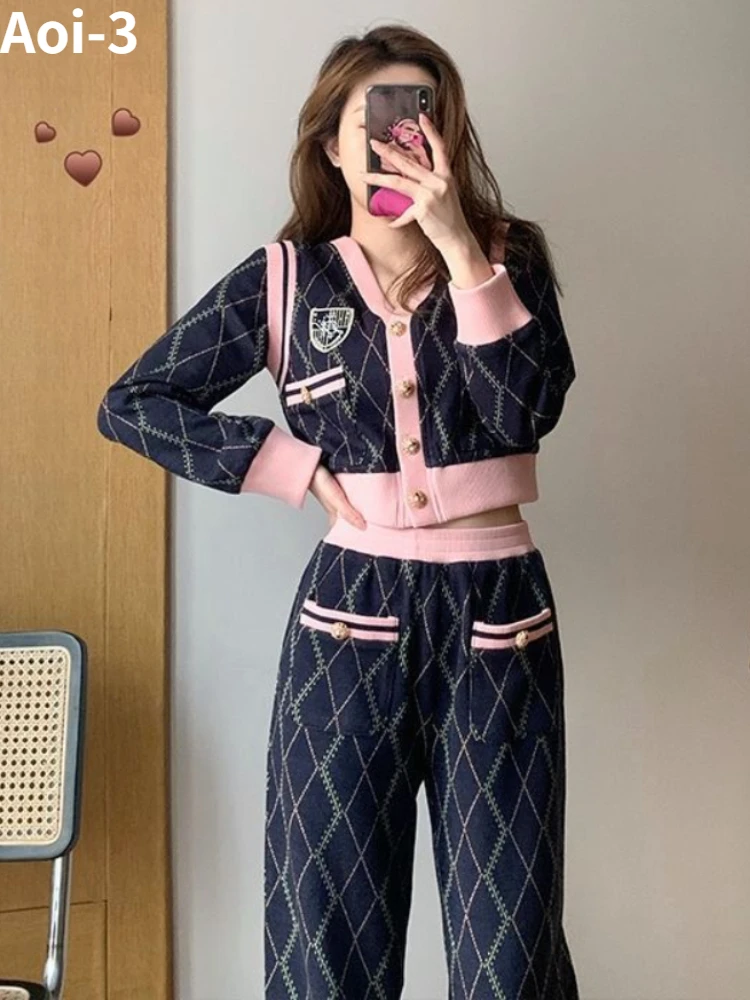 French Commuter Knitted Suit Women's Spring Autumn New High Quality Rhombic Contrast Cardigan Top+Wide Leg Pants Elegant Casual