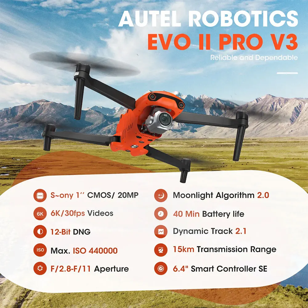 2024 New Autel Remote Control Robotic EVO 2 Pro V3 Fly More Bundle 6K HDR Video Drone 15KM Transmission 7100 mAh Battery