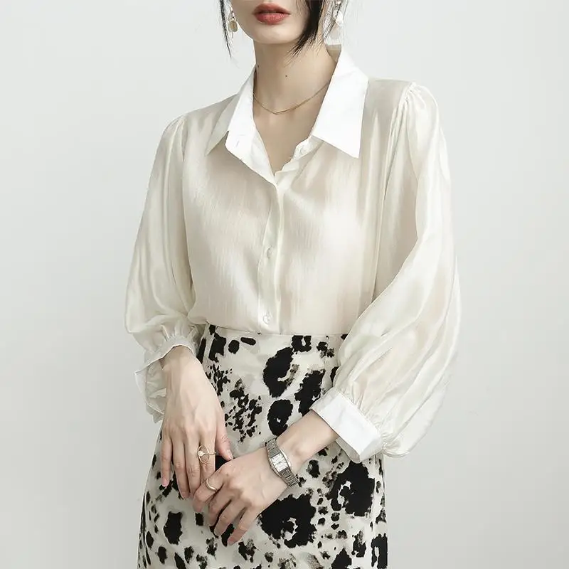Stylish Solid Color Button Korean Lantern Sleeve Shirt Women Clothing 2022 Autumn New Loose Casual Tops Office Lady Blouse