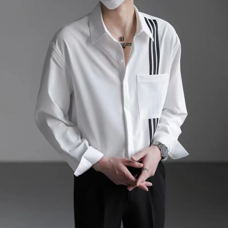 

Легкий роскошный топ в корейском стиле, свободная рубашка с длинными рукавами, мужская модная красивая полосатая повседневная рубашка