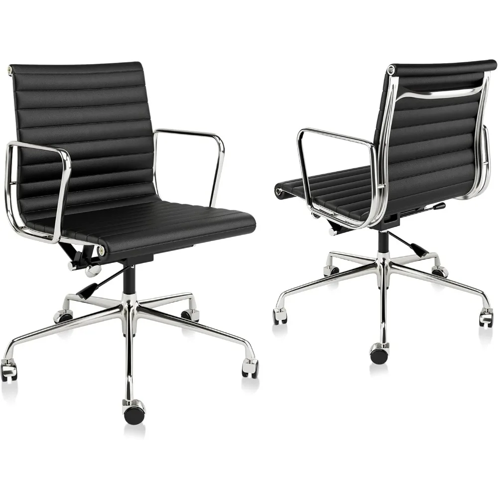 

Офисный стул в рубчик Черный офисный стул из натуральной кожи со средней спинкой, вращающиеся стулья Эргономичные компьютерные стулья из алюминиевого сплава