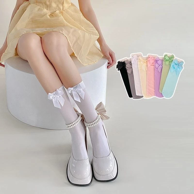 Weihnachtsgeschenk Mädchen Schleifensocken Frühling/Sommer Dünne Samt gestapelte Socken Koreanische Version Lolita Baby Prinzessin Wadensocken