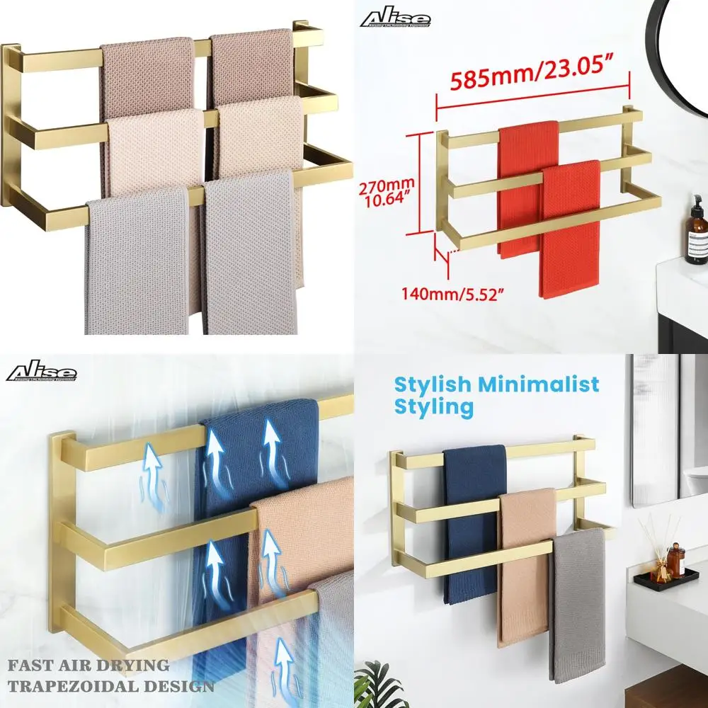

Stainless Steel 3-Layer Wall-Mounted Towel Bars, Brushed Gold Finish, Towel Racks for Bathroom Lavatory Use