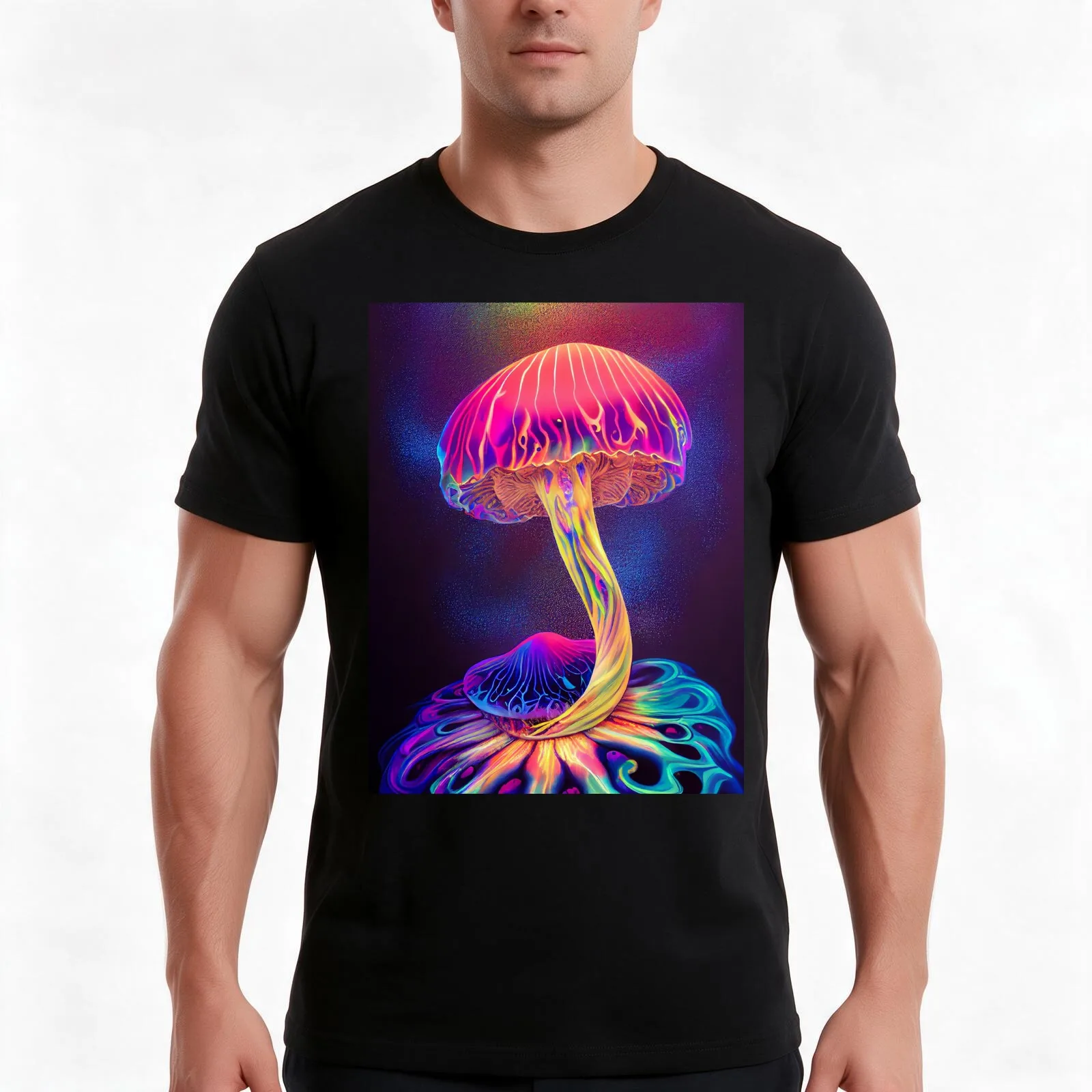 UV reactive mushroom art T-Shirt, Summer Casual Cotton Tee, Oversized Streetwear Tops, Vintage Graphic Print, Unisex Men Women
