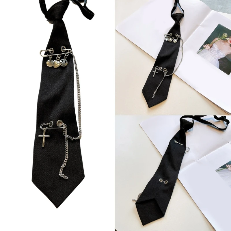 Vintage Black Necktie Gothic Punk Metal Chain Tassel Pin Ties for School Uniform Drop Shipping