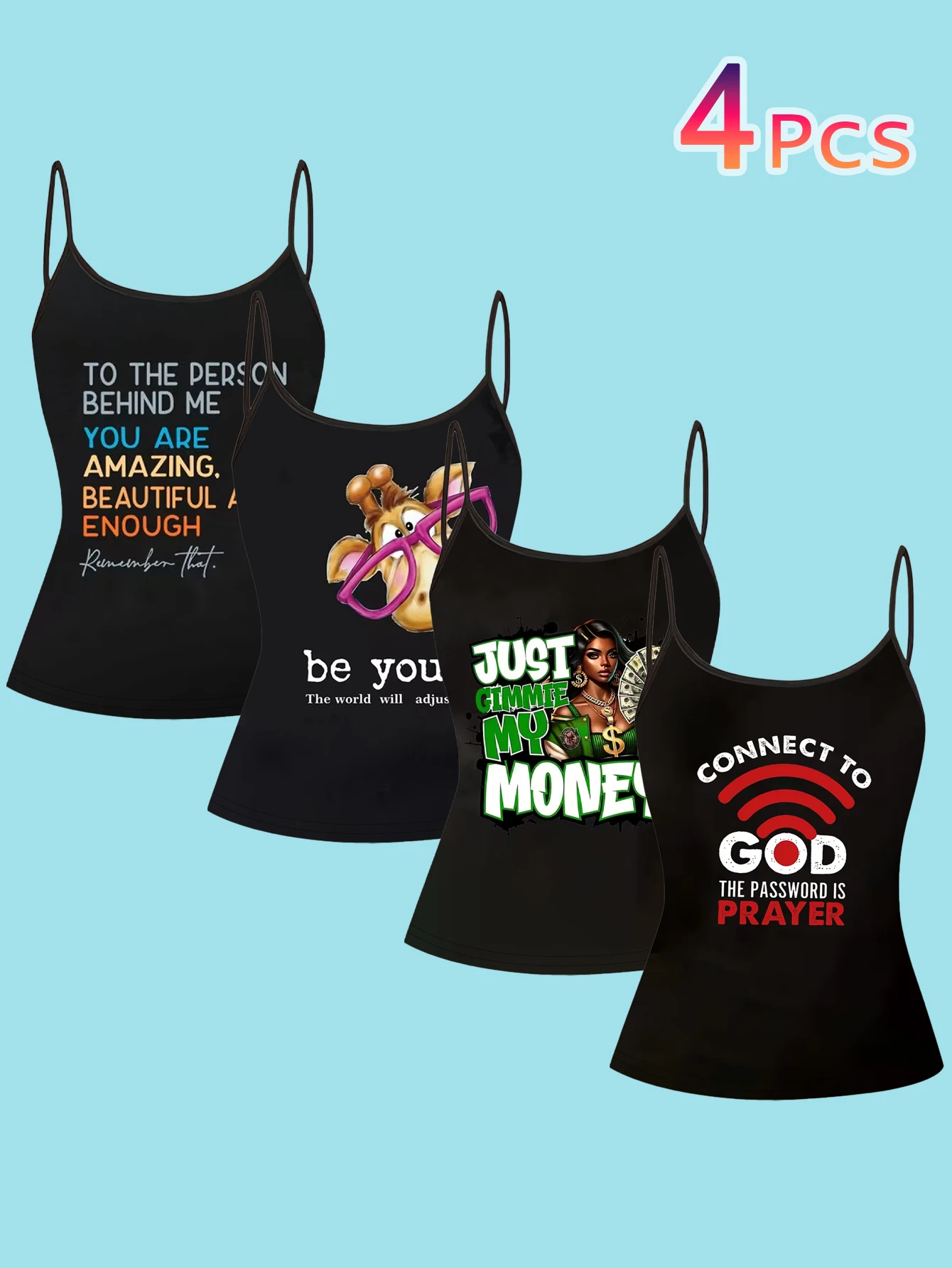 4-Piece Set of Fun English Slogan Printed Camisoles for Women, Inspirational Quotes, Giraffe Quirky Designs, Thin Straps, Slim-Fit Inner Tops