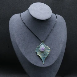 2021 Natural Agates Stone Pendant Necklace Leaf Shape Pendant Necklace for Women Jewerly Party Gift 45x66mm Length 45cm