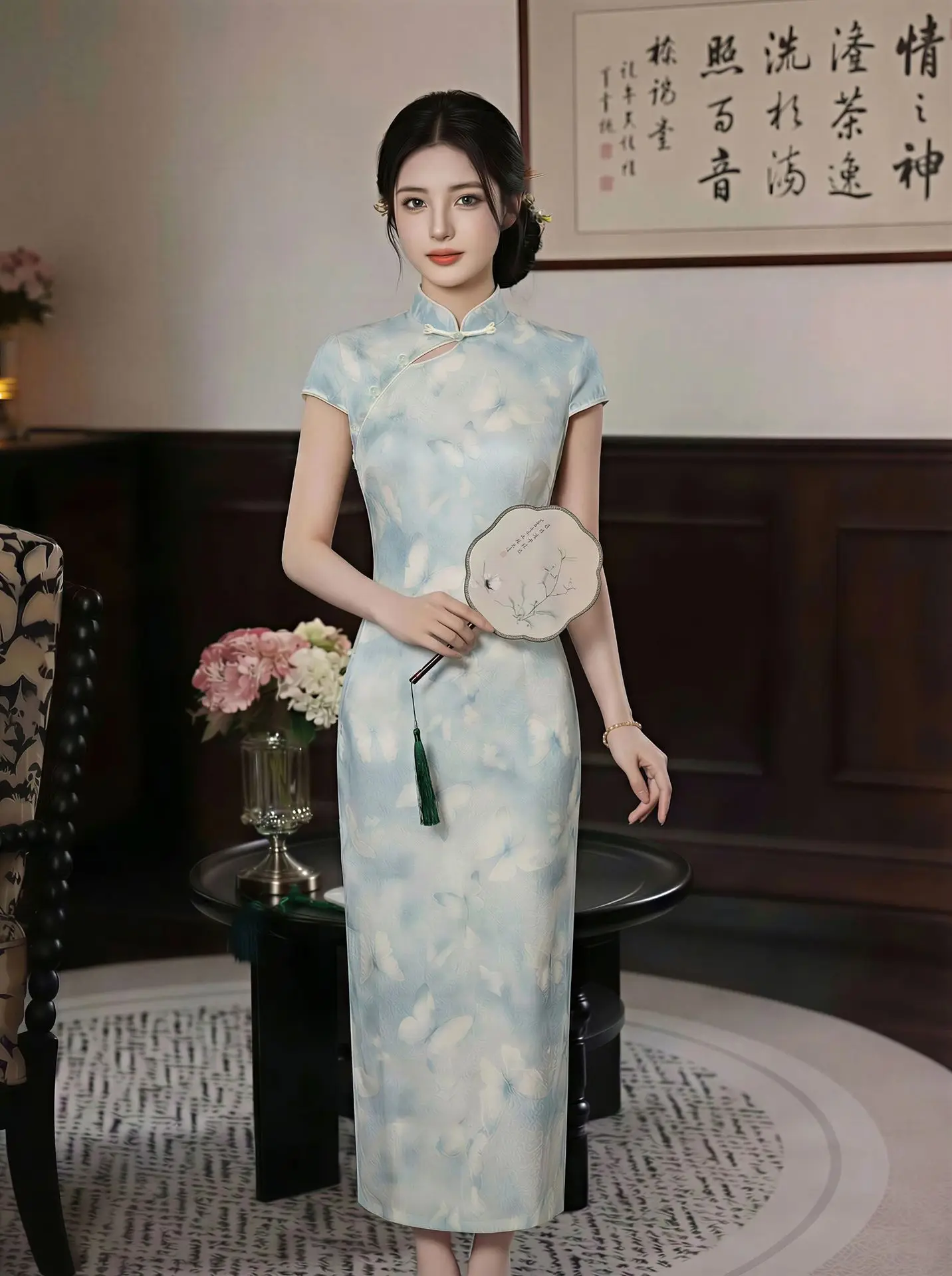 

Retro Chinese Style Short Sleeved Qipao Summer Slim Fashionable Butterfly Women's Cheongsam Dress