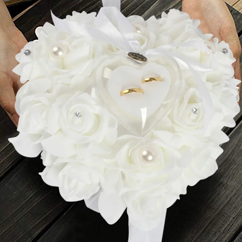 Étui à bijoux de mariage romantique en forme de cœur, boîte à bagues en forme de Rose, porte-anneau de mariage, support d'oreiller, présentoir de bagues