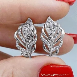 Huitan Luxury Leaf Designed Hoop Earrings for Women Fancy Elegant Temperament Ear Accessory Delicate Engagement Wedding Jewelry