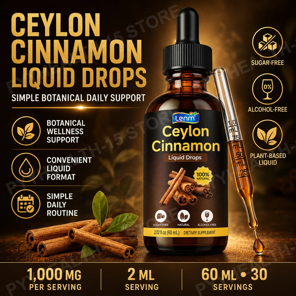 Ceylon Cinnamon Liquid Drops 1000mg, Glucose Metabolism & Antioxidant Support, Sugar-Free Alcohol-Free Plant-Based Formula, 60ml