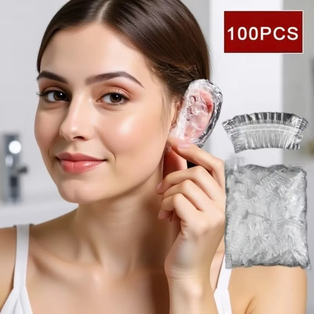 

100PCS Plastic Disposable Ear Cover Waterproof ​​Transparent Hairdressing Earmuffs Elastic Cleaning Hair Dyeing Ear Sleeve