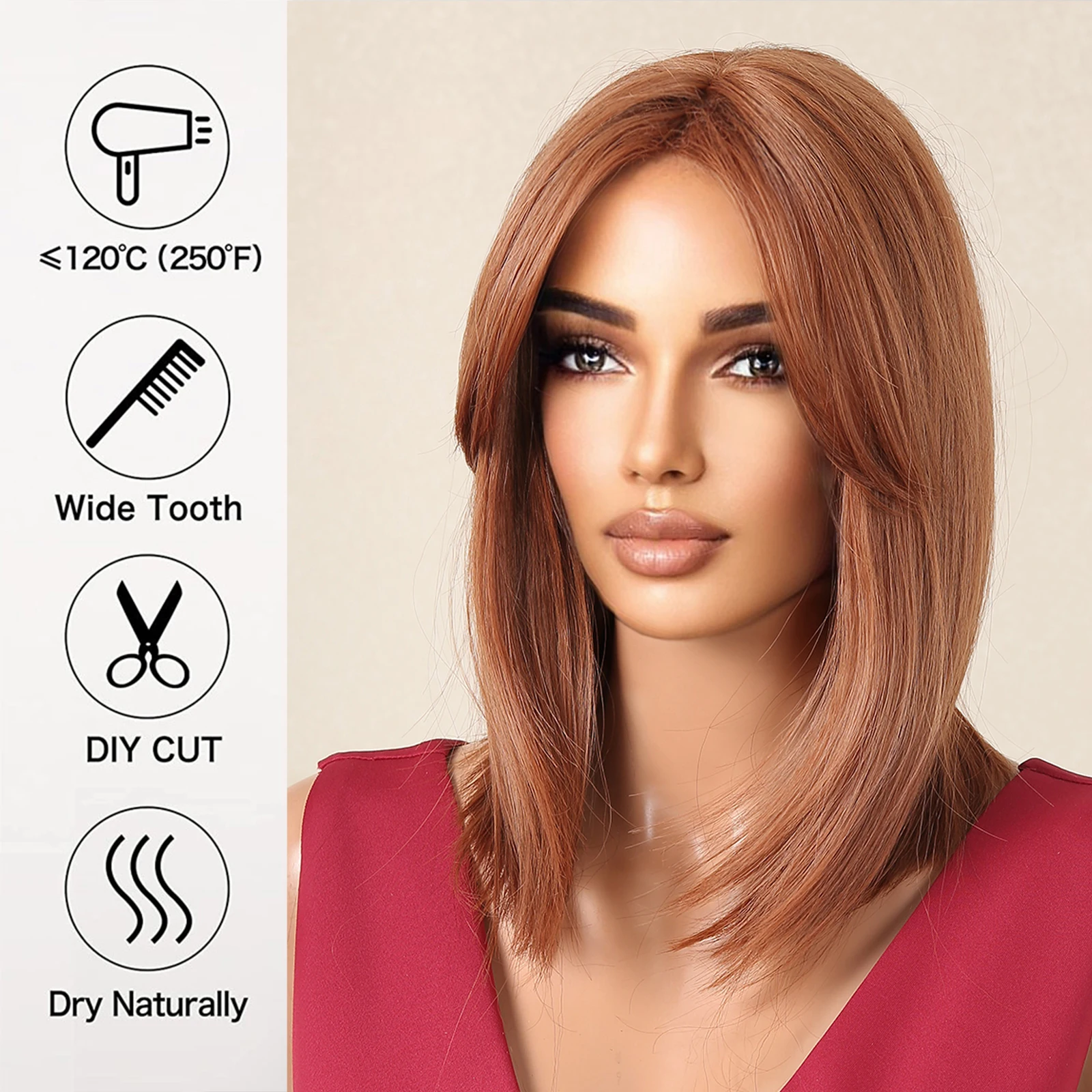 Ginger Brown Straight Wig with Bangs for Women Short Synthetic Red Brown Copper Shoulder Length Wig Heat Resistant Daily Hair