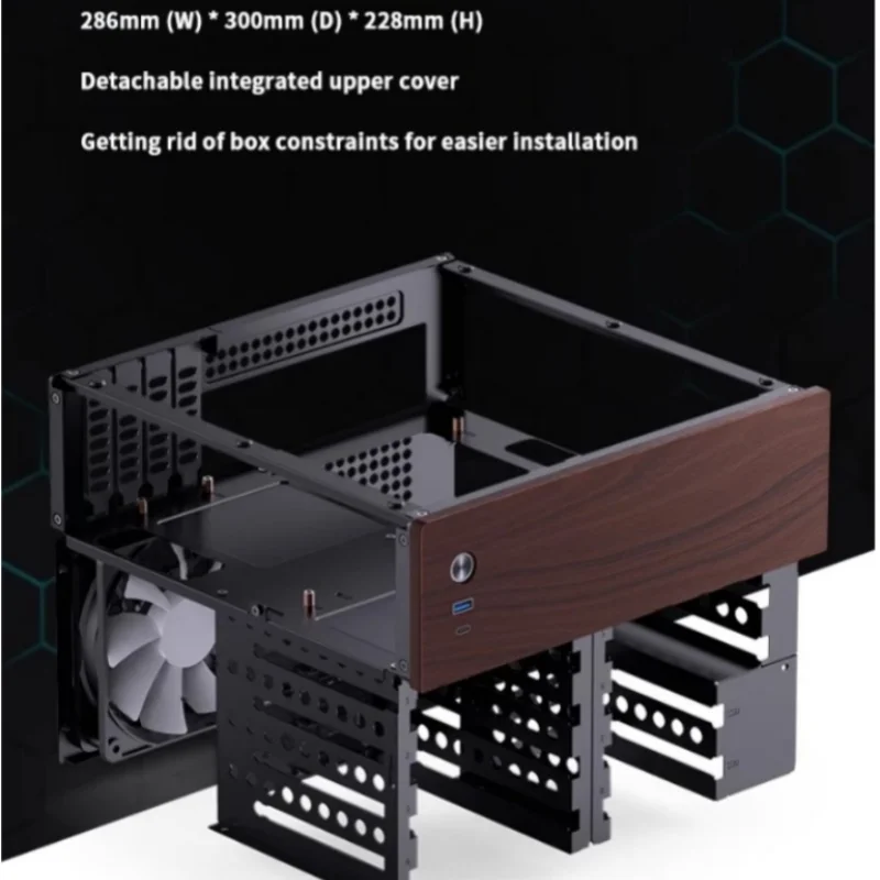 JONSBO N4 Czarna obudowa NAS M-ATX Płyta główna SFX Gniazdo zasilania 6 Duże 2 małe gniazda dysku twardego 120 mm x 1 wentylator Panel dekoracyjny z orzecha włoskiego