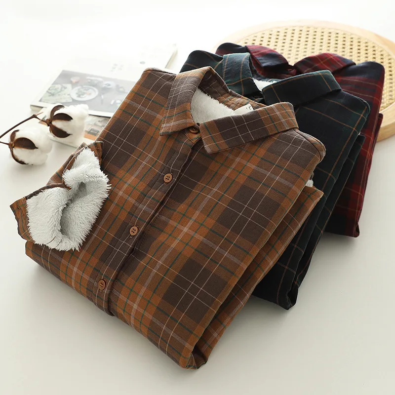 

[Готовый запас] Высококачественная женская хлопковая бархатная толстая теплая блузка, рубашка, утепленная флисовая классическая клетчатая рубашка с длинными рукавами, топ