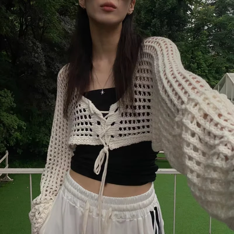 

Women Crochet Knit Hollow Out Crop Top Long Sleeve Shrug Sweater Mesh Cover Ups Cardigan Streetwear Pullover Women Clothes Y2k