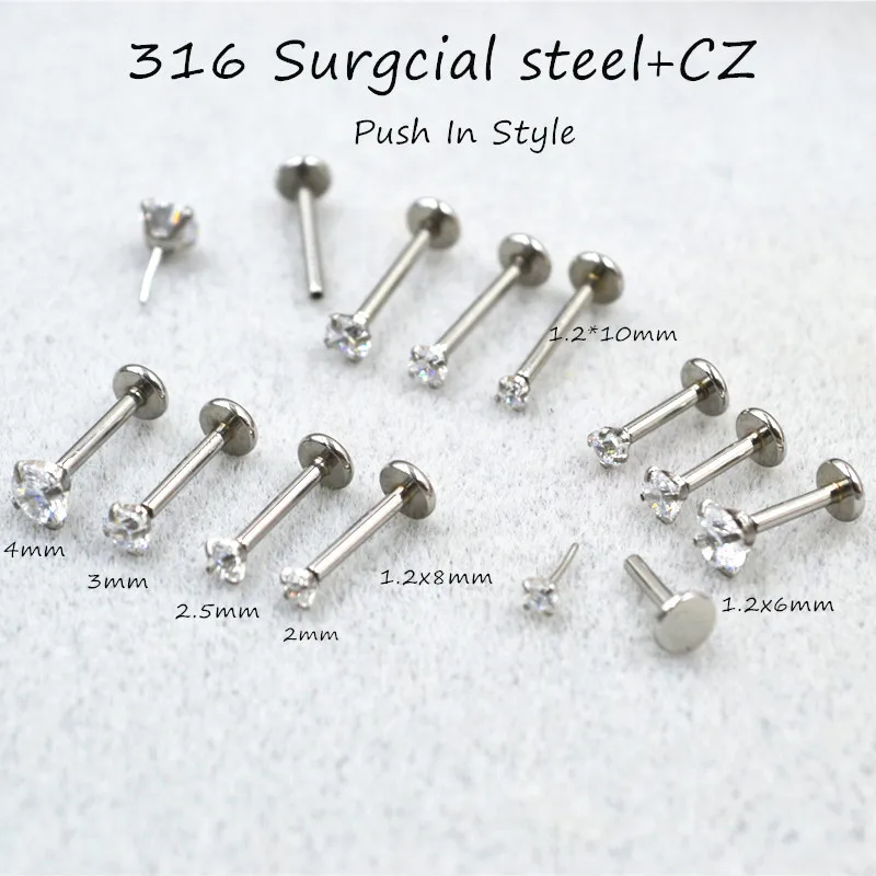 

LOT50pcs 16G Body Jewelry Piercing -Shine Round CZ Lip Labret Ring Ear Helix Tragus Bar Lip Piercing Sliver Push In Style