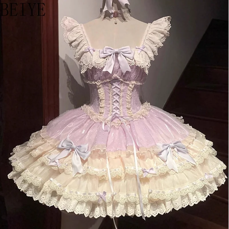 Purple Cute Girl Ballet Cake Dress Lolita Style Japanese Jsk Sweet Everyday Dress Women's Sleeveless Princess Sweet Dresses