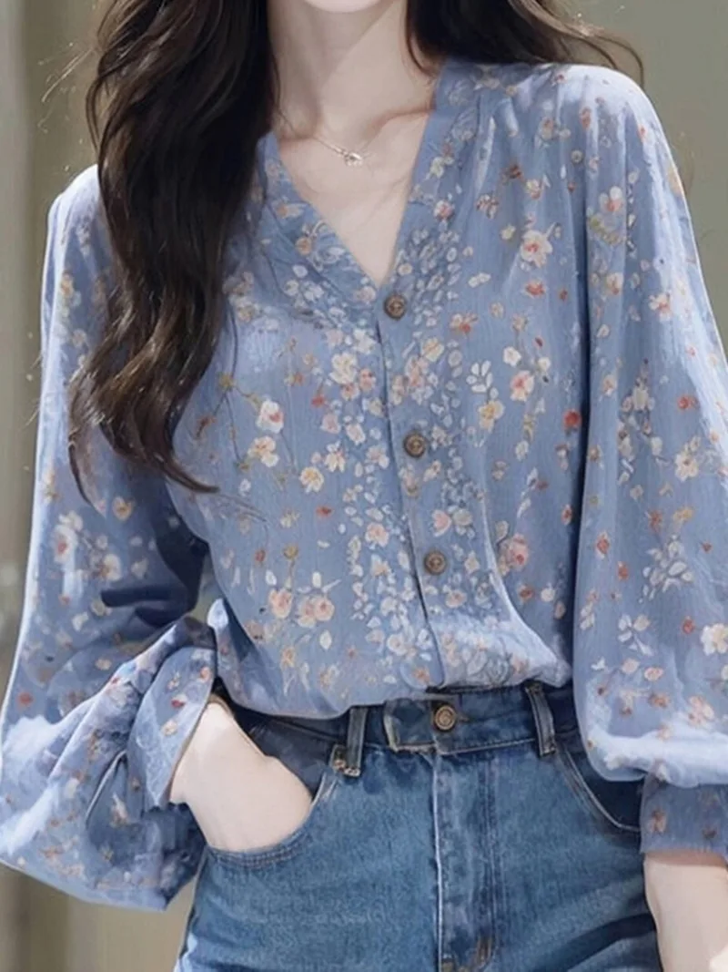 Chiffon Vintage Women Blouses Trend 2024 Summer Loose Clothing Sales Long Sleeve Casual Tops Prints Korean Women's Shirts
