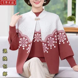 high-quality Wool Jacket Middle Aged Mother  2-Piece Set Knitwear Pullover+Cardigan jacket For Grandma Women's Spring Autumn Set