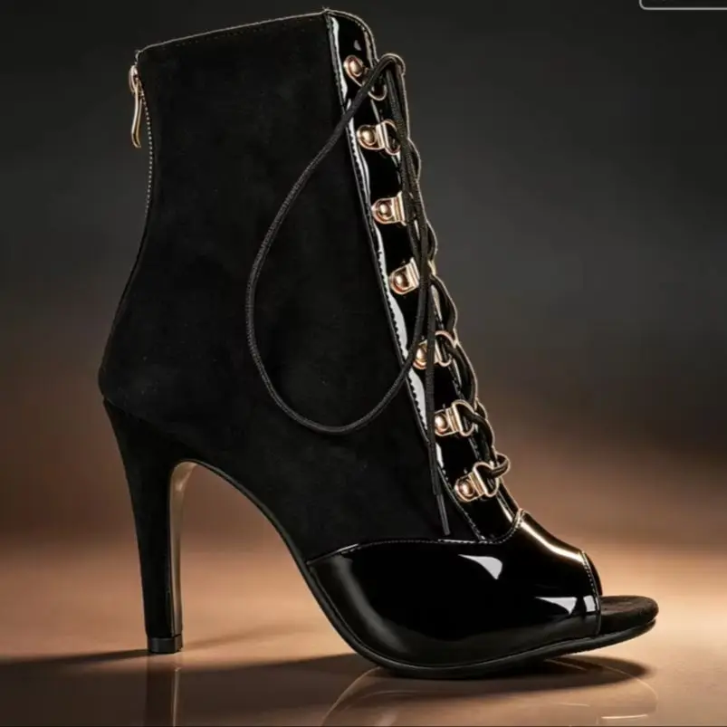 Women Peep Toe Dance Ankle Boots Lace Up Back Zipper Stiletto Heels Flock Patent Leather Latin Ballroom Competition Dance Shoes