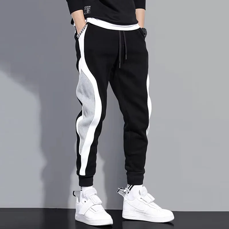 Autumn Men's Wide Loose Casual Pants Mens Patchwork Nine-point Sports  Elastic Rope Breathable Tie-foot Trousers, image 2