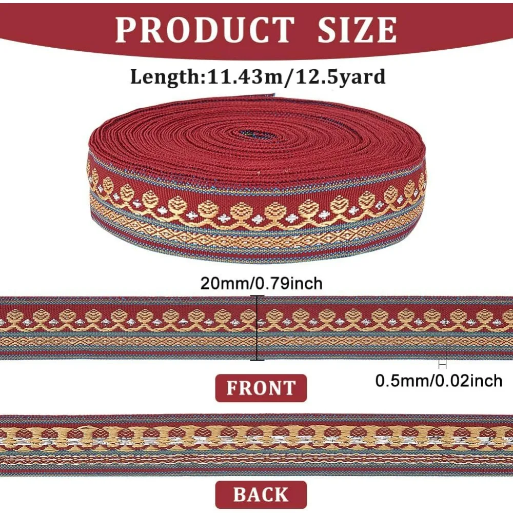 12.5 Yard 20mm Wide Embroidered Woven Ribbon Dark Red Polyester Jacquard Ribbon Sewing Jacquard Trim Vintage Jacquard Ribbon