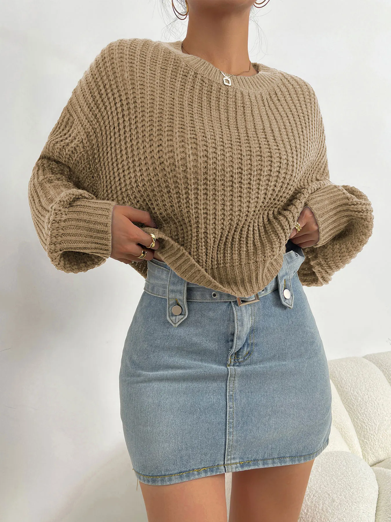 

Women's Solid Round Neck Batwing Sleeve Sweater, Casual Long Sleeve Crew Neck Jumper for Spring and Fall, Women's Knitwear