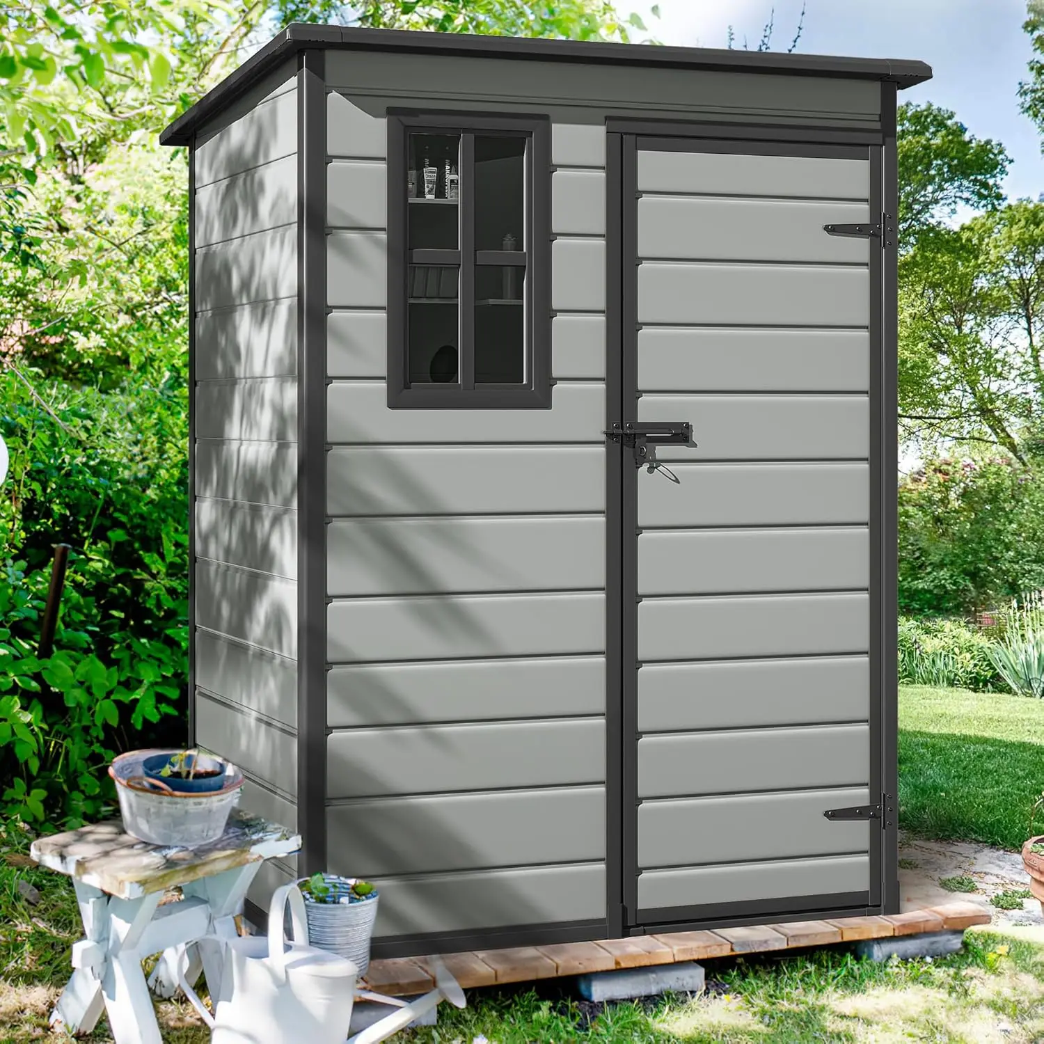 Dwvo 5X3Ft Resin Outdoor Storage Shed With Floor, Waterproof Lockable Storage Shed With Window, Plastic Outside Tool Storage