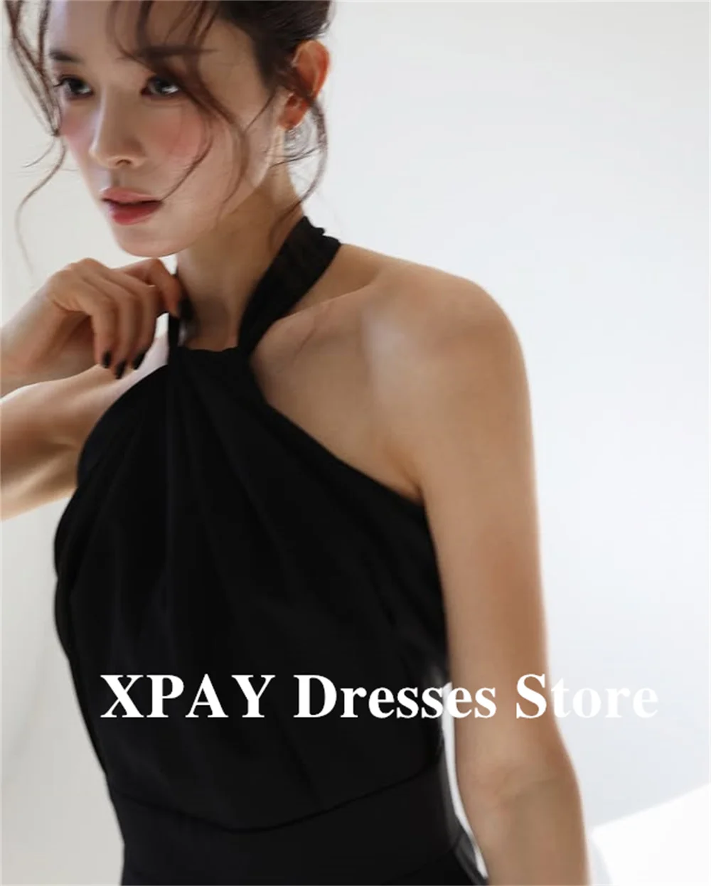 XPAY فساتين زفاف بسيطة سوداء بطول الأرض لالتقاط الصور بدون حمالات رسن على شكل حرف a للحفلات المسائية فساتين حفلات مخصصة 2025