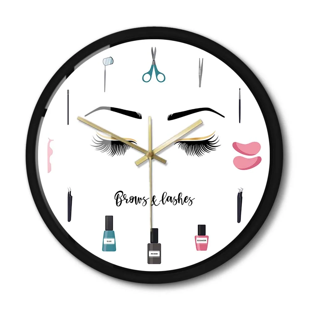 

Eyelashes Art Metal Frame Wall Clock Silent Makeup Lashes Brows Girly Beauty Salon Tools Decorative Wall Watch For Girls Room