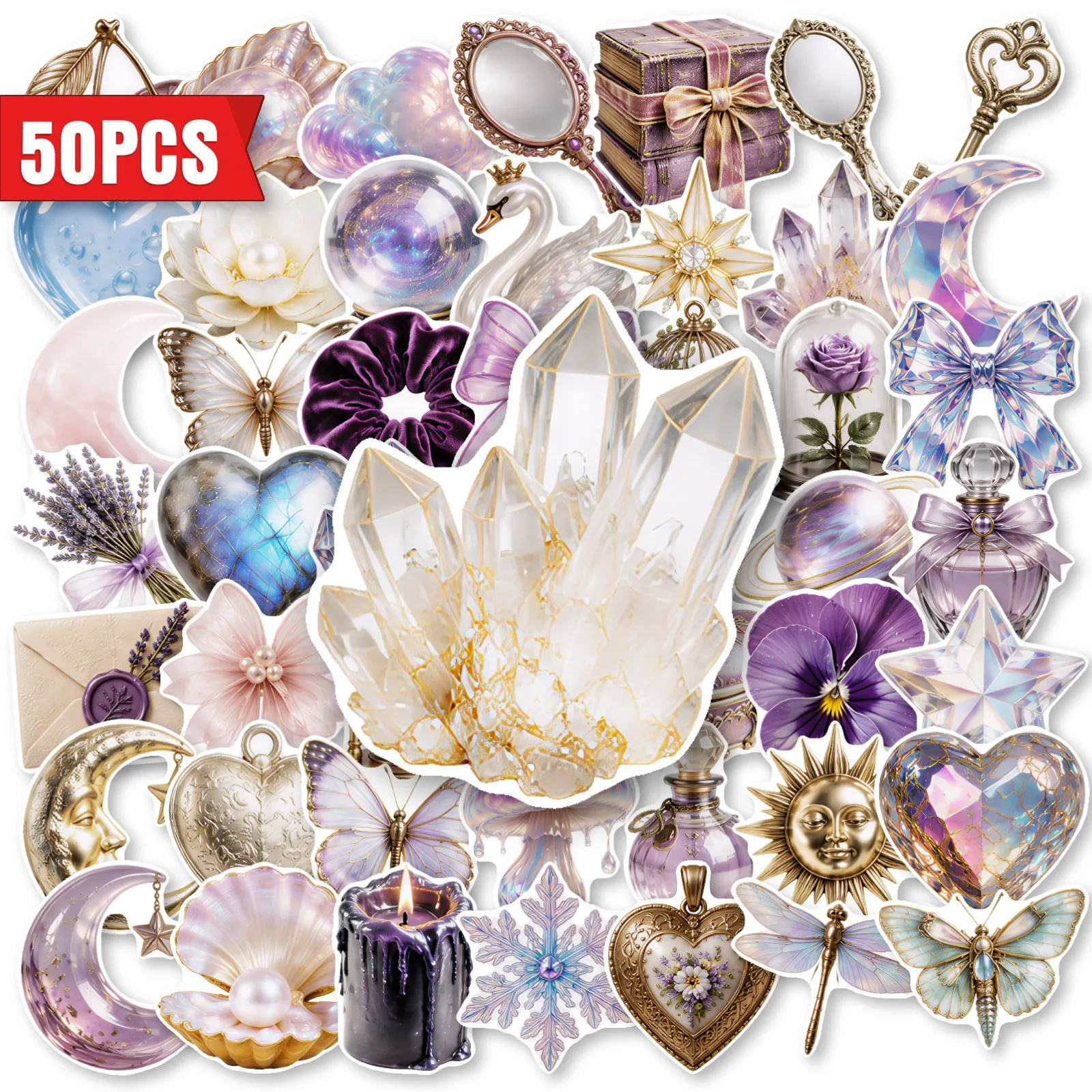 50 PCS Ins Style Dreamy Crystal Swan Bow Stickers Pack Decorate Laptop Phone Helmet Skateboard Waterproof Decorate Decals