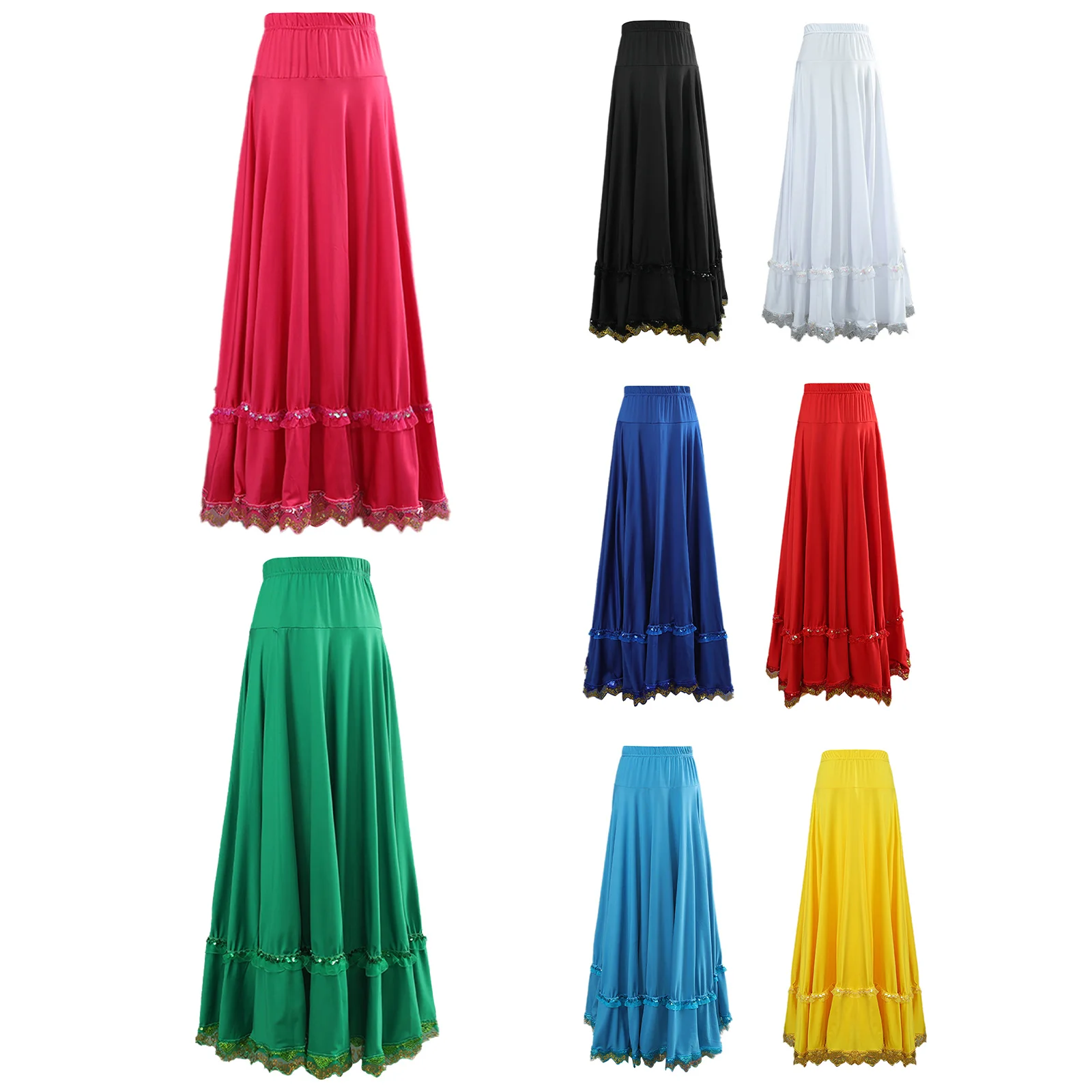 Damska spódnica do tańca towarzyskiego z koronkowym wykończeniem, elastyczną talią, zwiewna, pełna, z pełnym okręgiem, idealna do występów flamenco i na imprezy.