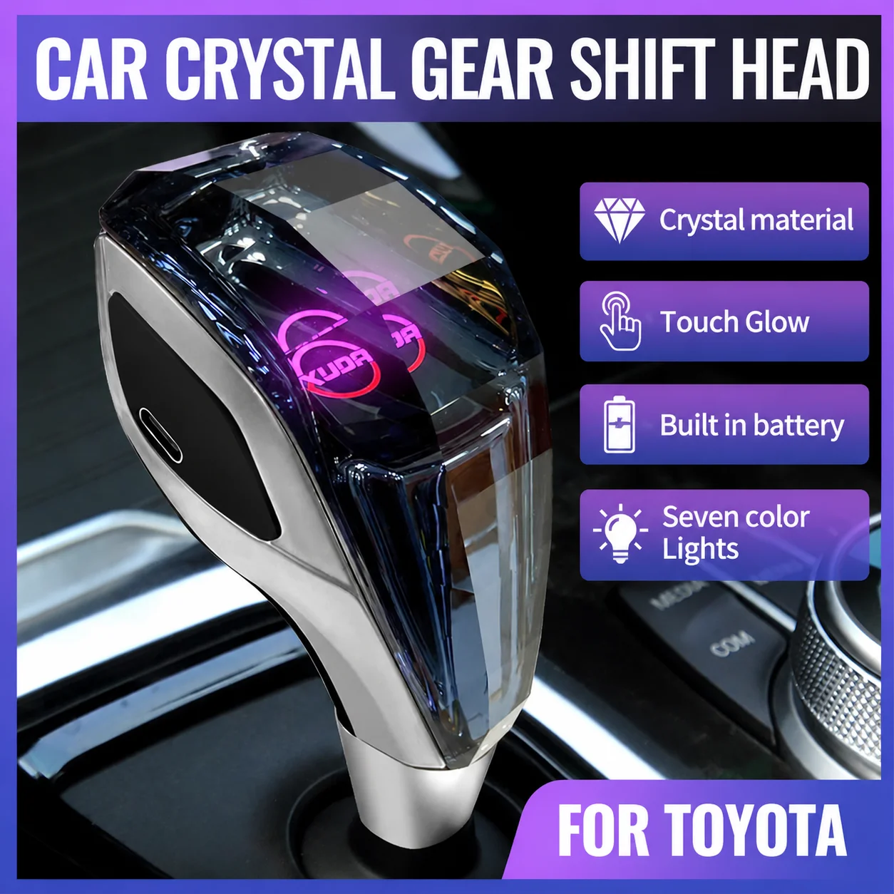 New crystal shift lever, featuring side charging and seven-color lighting effects, For Lexus, VW, Mitsubishi, Toyota, and Mazda