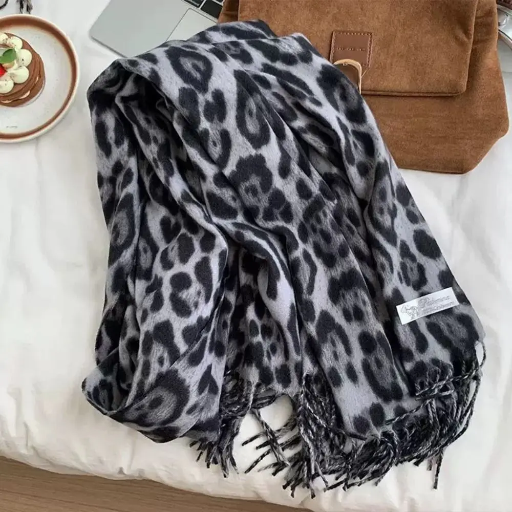 Soft Fleece Leopard Print Scarf Tassel Thick Winter Shawl Wrap Versatile Thermal Cashmere Feel Scarf Holiday Gift