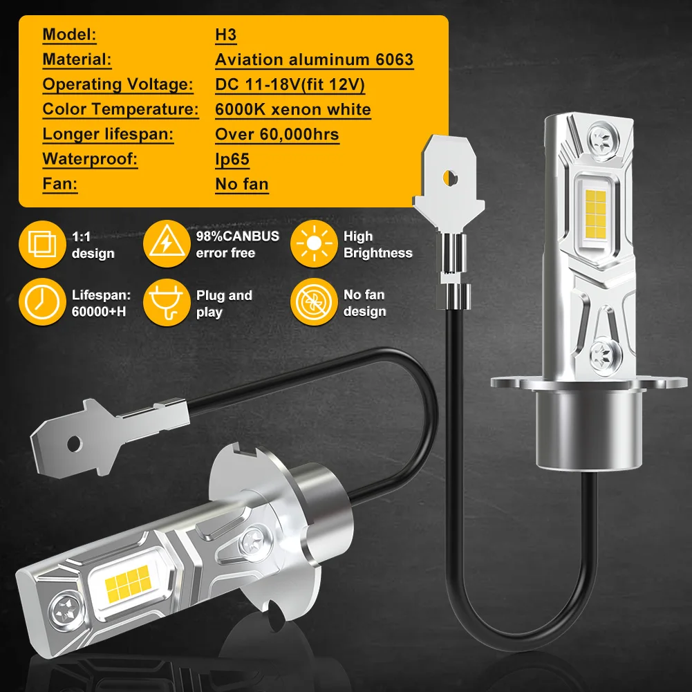 2Pcs 12V H3 LED Fog Light Bulb Super Bright 6000K White Car Driving Running Lamp Headlight DRL Fanless 1:1 Design Good Quality