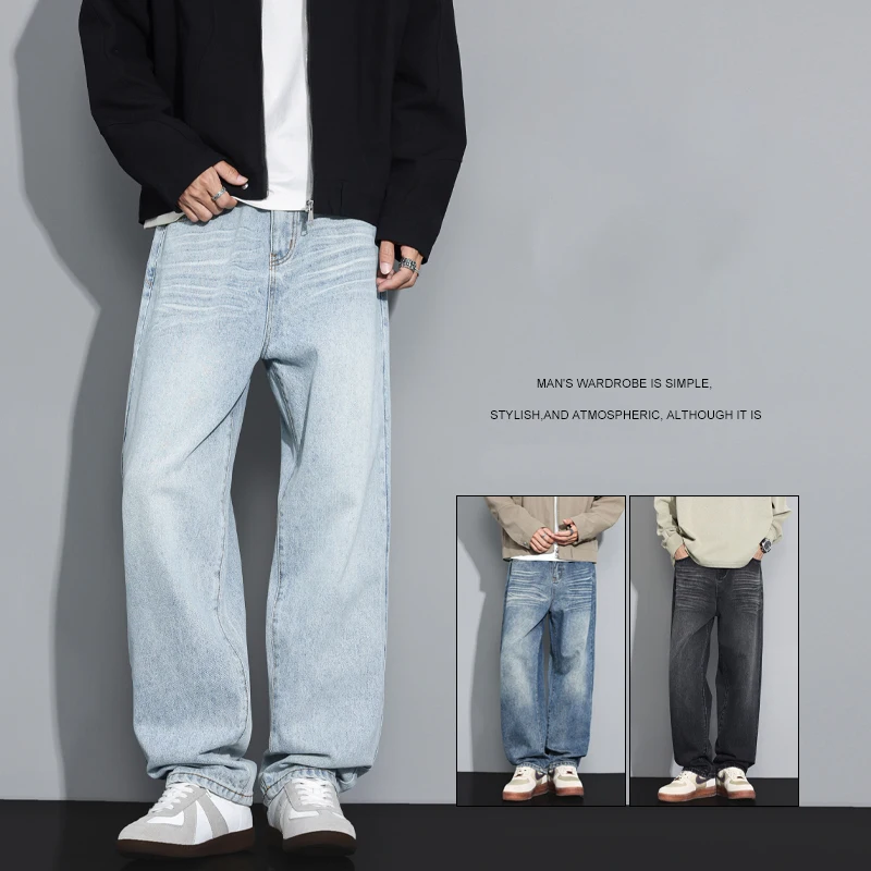 Calças de brim do vintage dos homens outono nova lavagem moda personalidade em linha reta calças casuais coreano streetwear masculino calças jeans