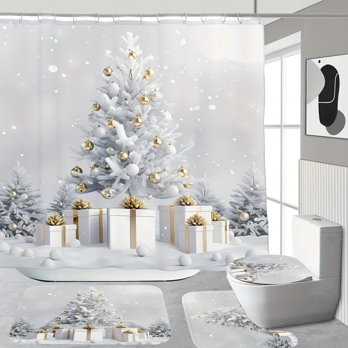 4Pcs Xmas Tree Bath Set, Shower Curtain with 12 Hooks, Non-Slip Mat, U-Shaped Toilet Cover, Bathroom Accessories, Holiday Decor