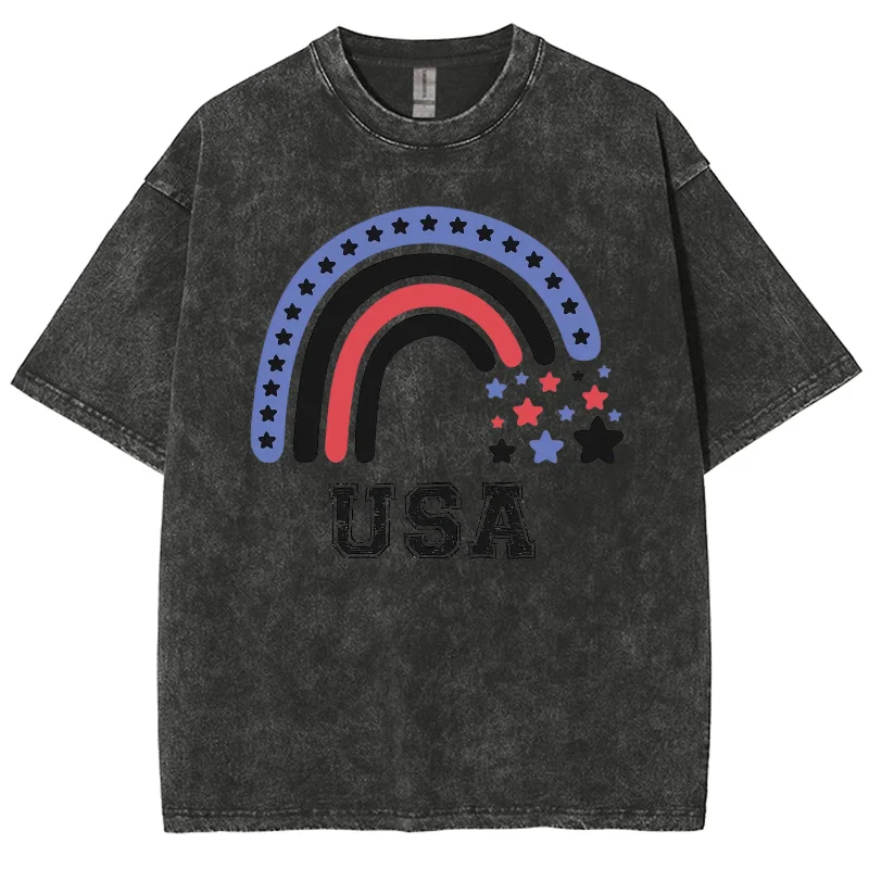 

USA Half Circle Graphic Print Women's T-Shirt Washed Unisex Cotton Short Sleeve Design Sense Retro Distressed Tees 2024 Summer