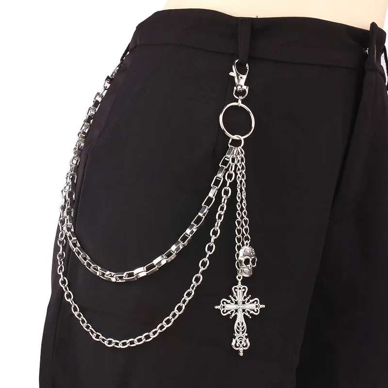 Multi‑Layer Pants Chain With Skull Cross Pendant Unisex Metal Waist Chain Gothic Punk Jeans Hanging Fashion Decor Accessory