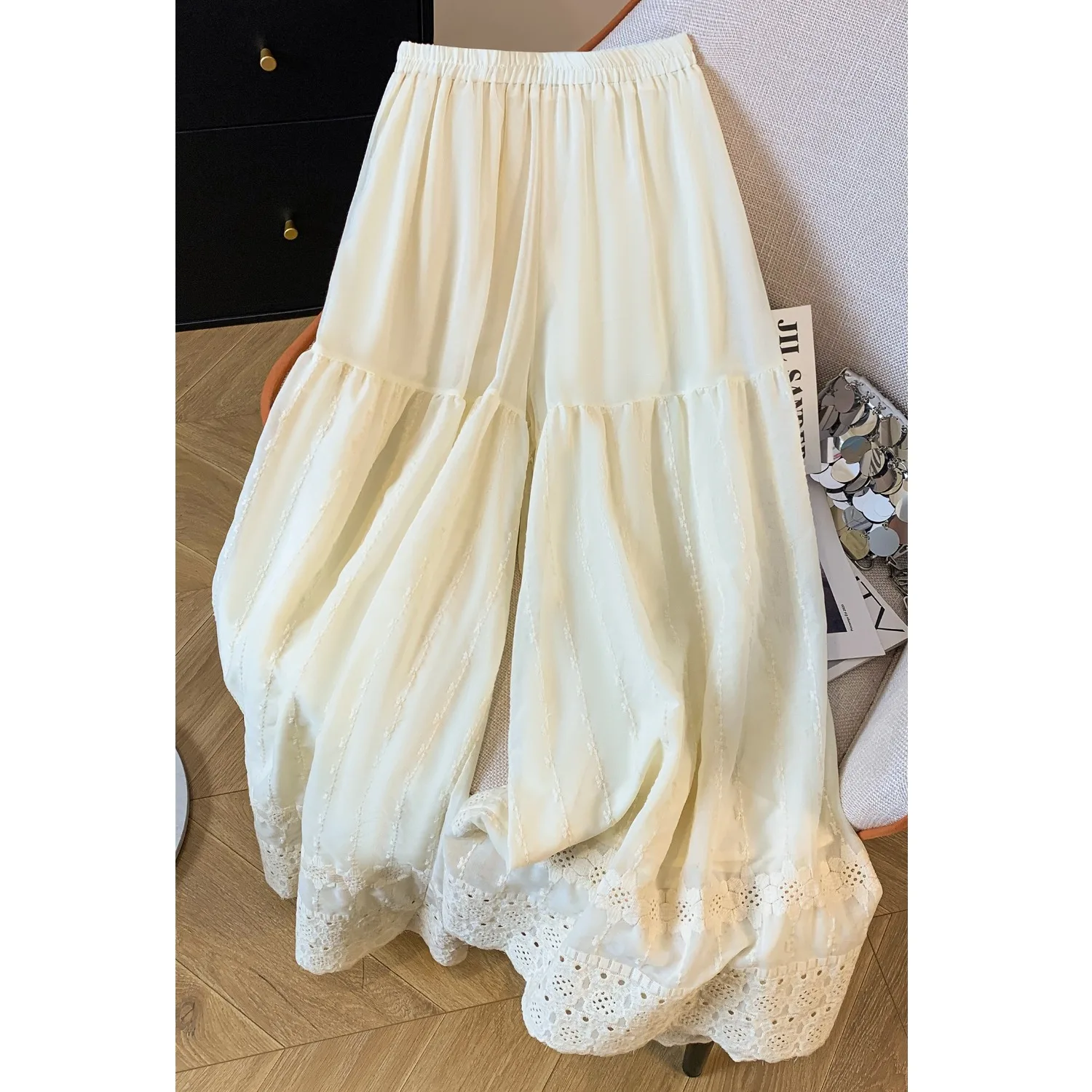 Pantaloni a gamba larga effetto snellente Elastico a vita alta Colore ricamato casual Gonna da donna estiva nuovo arrivo vestibilità ampia