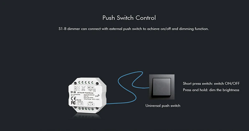 Skydance 1CH*1.5A RF+Push AC Phase-cut Dimmer  AC LED Triac Dimmer for Single Color LED Lamps traditional incandescent