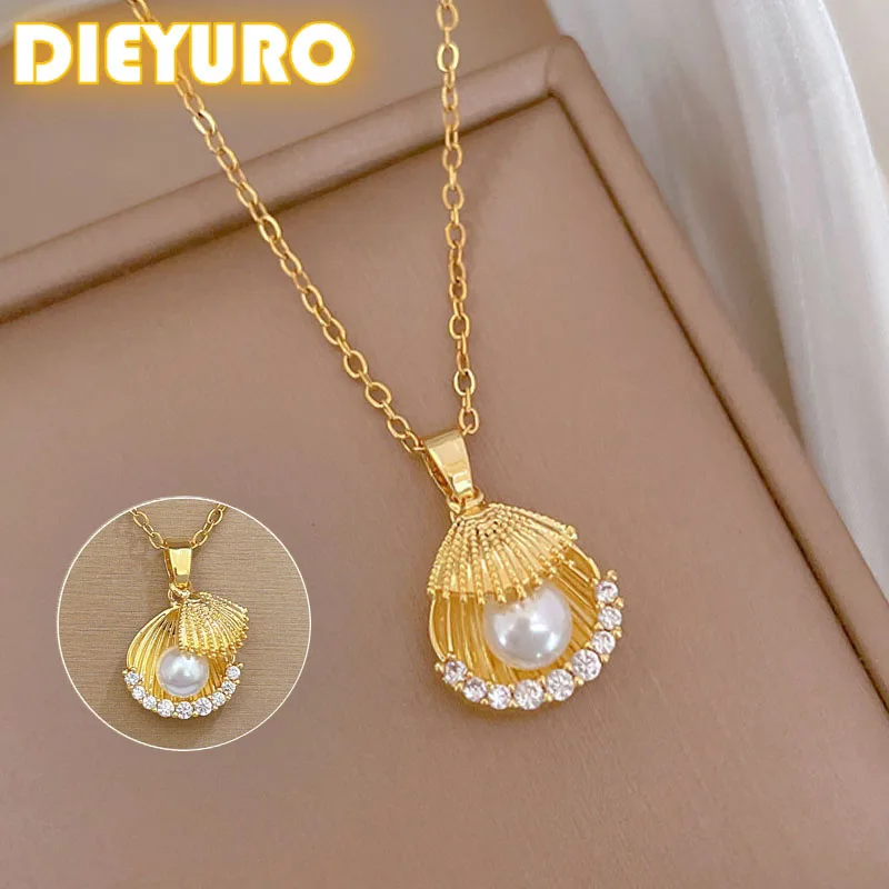 DIEYURO 316L Stainless Steel Double Layered Shell Pearl Zircon Pendant Necklace For Girl New Fashion Clavicle Chain Jewelry Gift